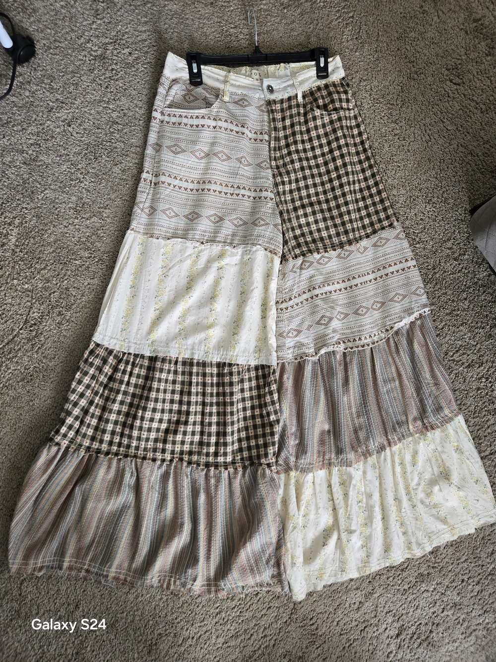 Three Bird Nest Patchwork Wide Leg Pants in Cream and Brown